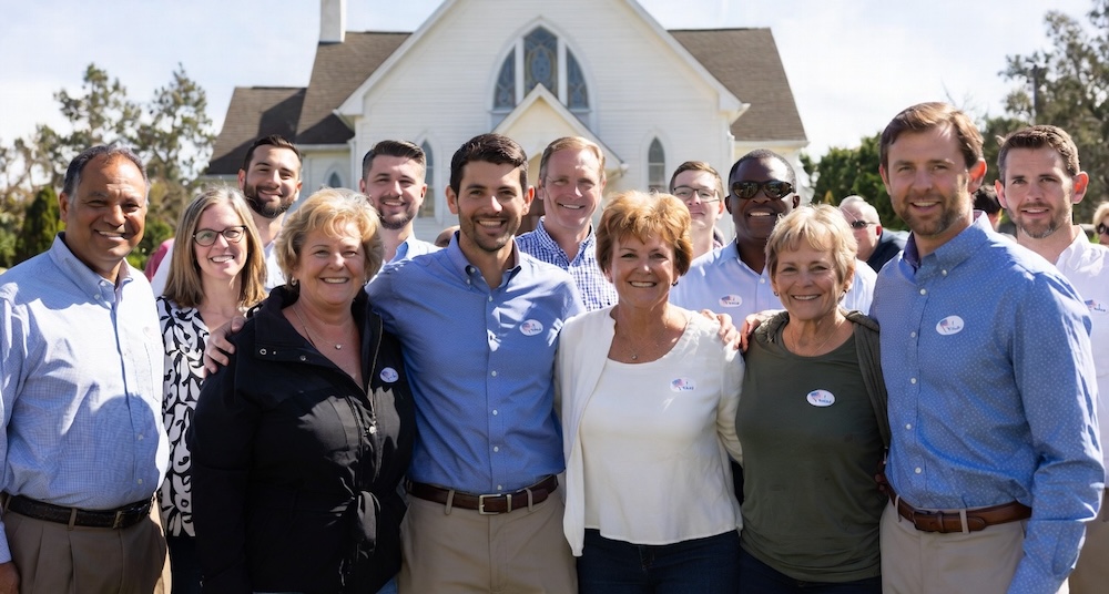 A multi-generational group of Christians wearing I Voted stickers in front of their church
