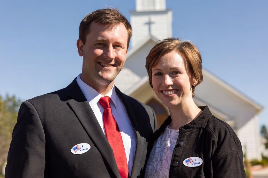 A Christian couple wearing I Voted stickers in front of a white-steeple church